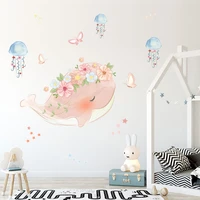 cute pink whale wreath jellyfish wall sticker for kids rooms bedroom living room decorations mural home decor stickers wallpaper