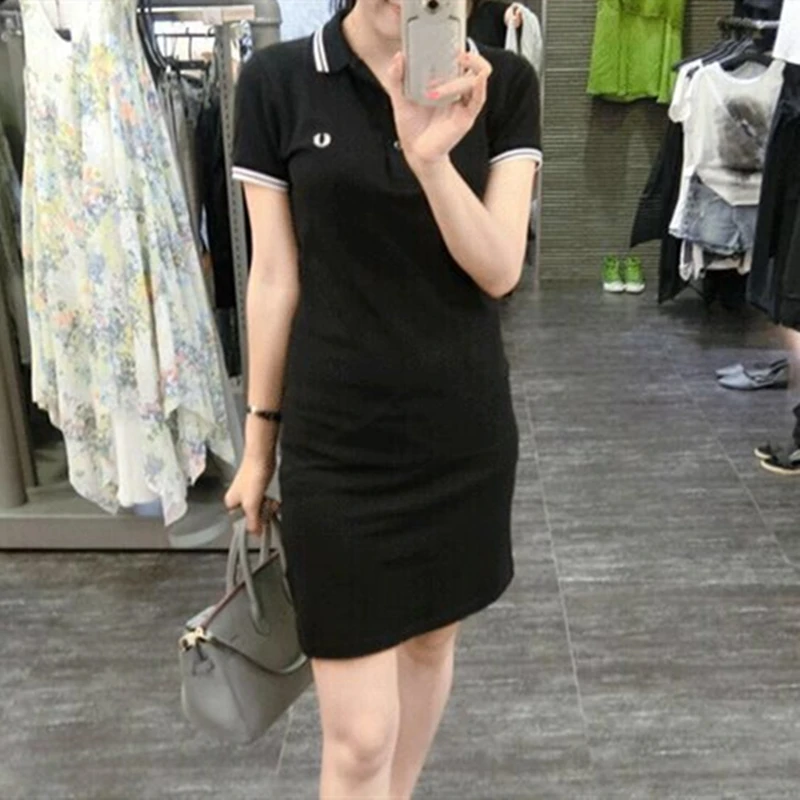 

High Quality Summer Women's Short Sleeve Wheat Dresses Lady Female Stripe Diamond Casual Female Mini Polo Dress Femmes Jupe