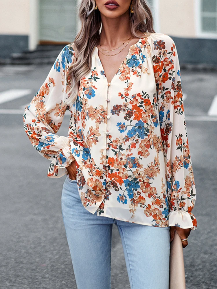 Блузка женская с цветочным принтом элегантная однобортная рубашка в стиле бохо