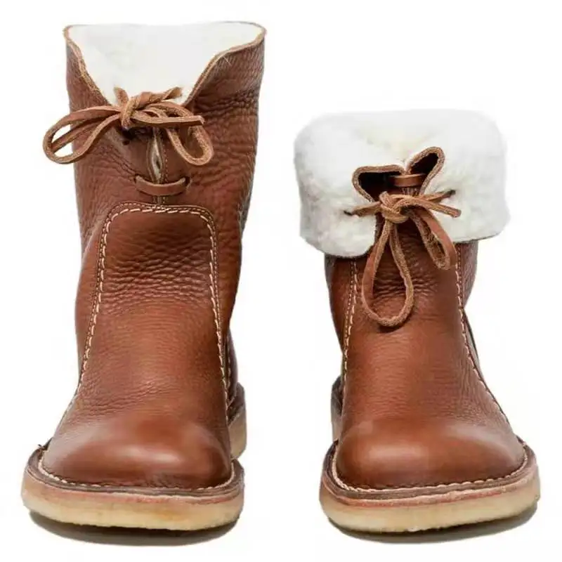 

New 2022 Women Winter Mid Calf Boots Leather Snow Boots Lace Up Plush Fur Warm Slip-on Ladies Shoes Square Heel Short Boots