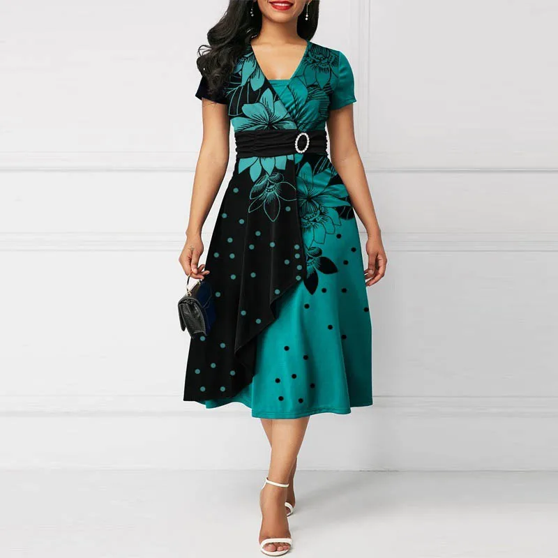 

Fashion Print Floral Dot Solid Women Party Dress Elegant Irregular Patchwork Short Sleeve Higt Waist Decoration A-line Dresses