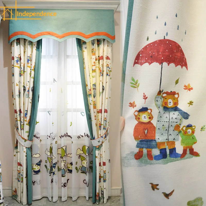 

Children's Room Cartoon Bear Printing Thickened Shading Cotton and Linen Curtains Customized Finished Products for Boys' Bedroom