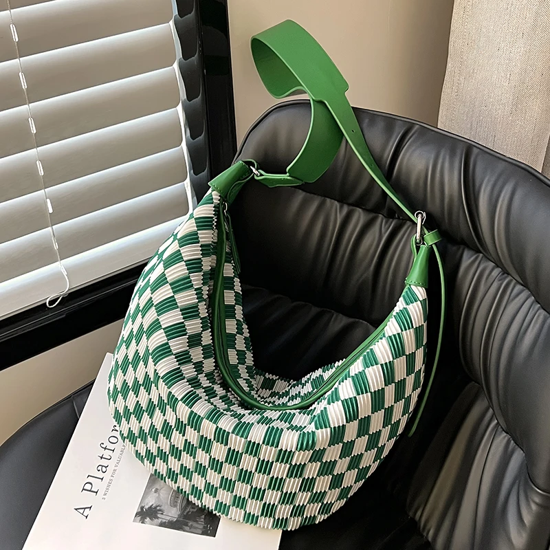 

With Pleats Big Fabric Crossbody Sling Bags for Women 2022 Fashion Summer Casual Shoulder Side Bag High Capacity Grid Handbags