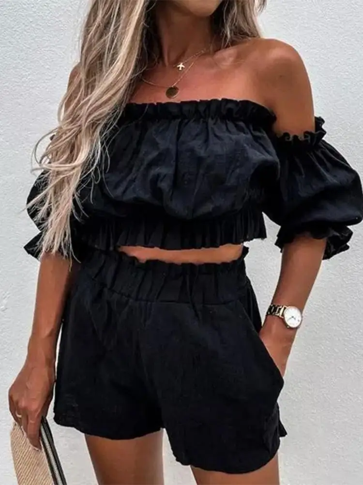 

Celmia Casual Short Sets Women 2022 Summer Ruffles Off Shoulder Short Tops and Elastic Waist Shorts Suits Holiday Two-piece Sets