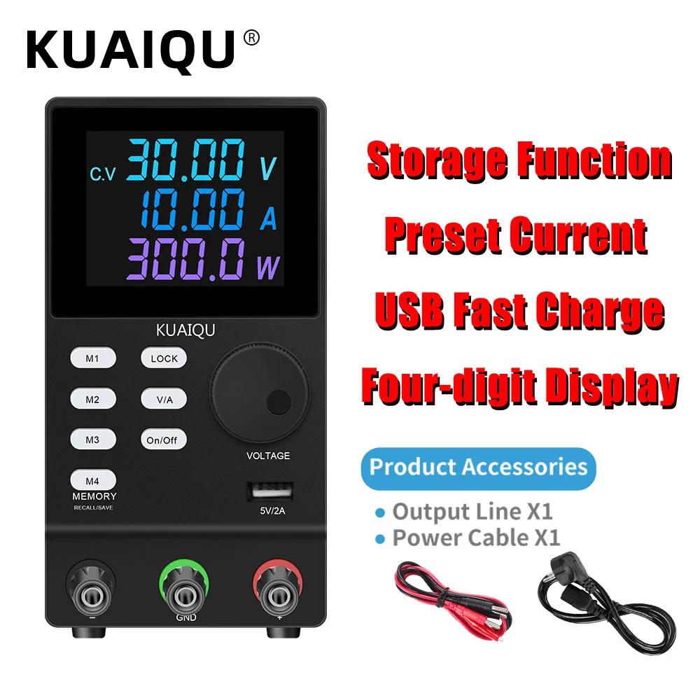 

KUAIQU 30V 10A Programmable Adjustable DC Power Supply Memory Storage M1-M4 Lab Bench Power Source 60V 5A /120V 3A/200V 300V 1A