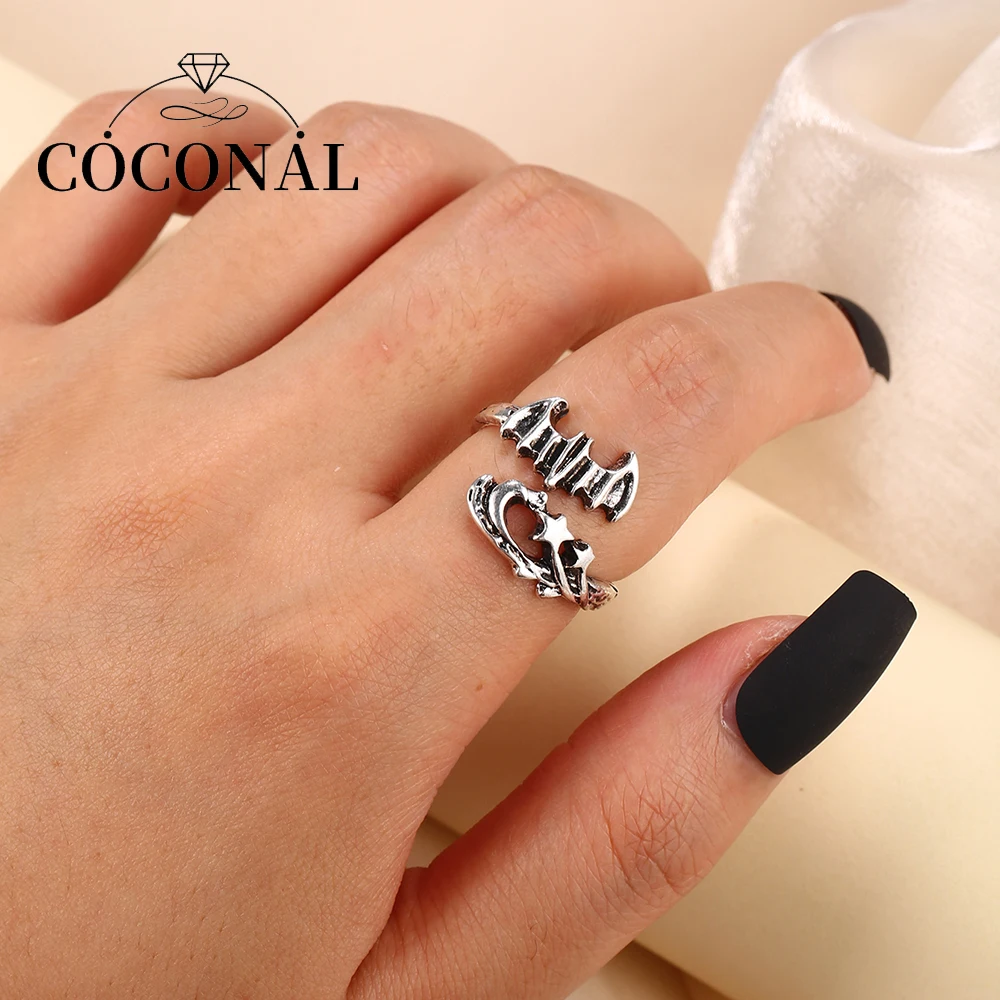 

Coconal Punk Rock Bat Animal Women Adjustable Ring Sliver Color Personality Vintage Man Women Couple Matching Ring Jewelry Gift