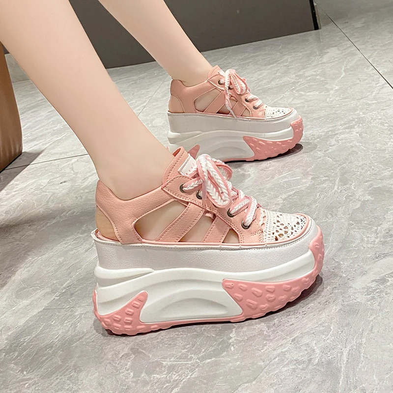 7CM Heels Women Gothic Thick Bottom Wedge Sandals Black Hollow Out Gladiator Sneakers Woman Punk Leather Chunky Platform Sandals