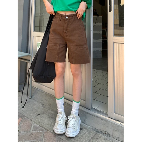 Brown High Waist Women Shorts Jeans Wide Leg Baggy Denim Shorts Summer Streetwear Five Points Trousers Straight Jean Short Pants