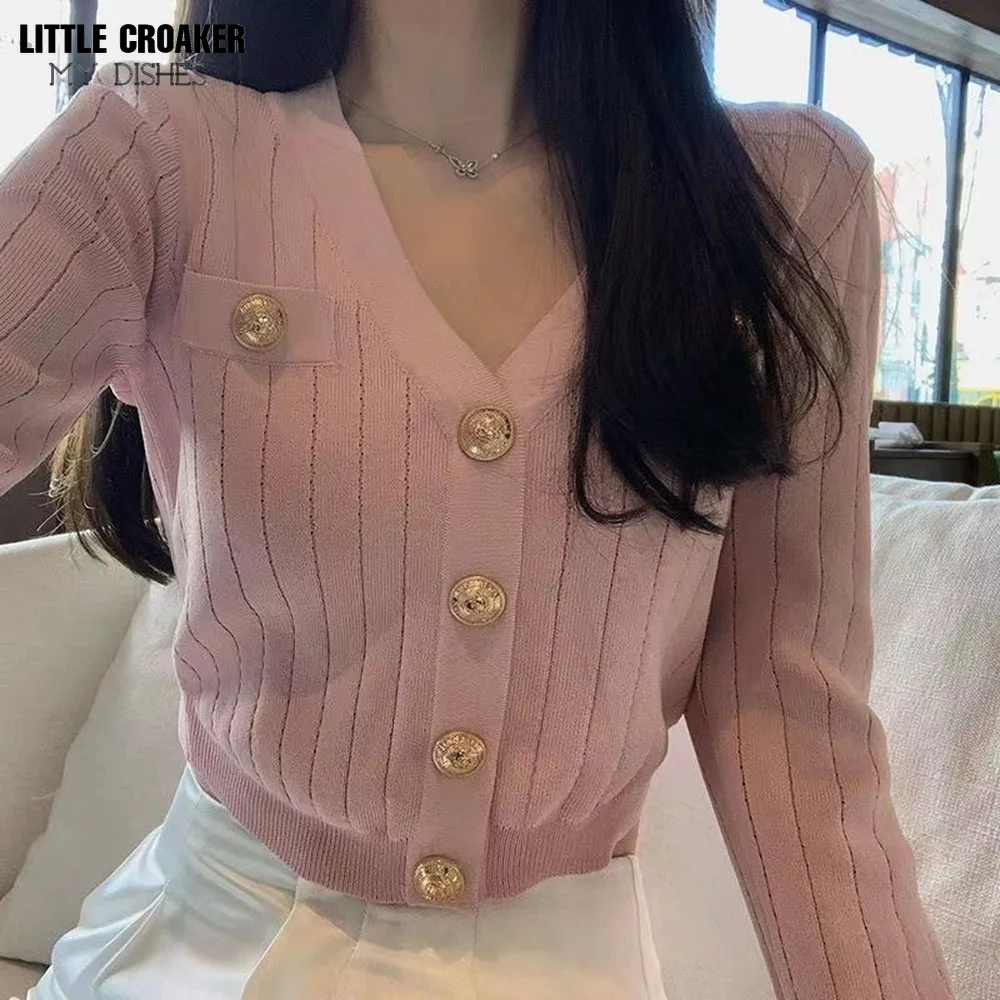 

Женский трикотажный кардиган на пуговицах, элегантный милый эластичный кардиган из ледяного шелка с V-образным вырезом и металлическими пу...