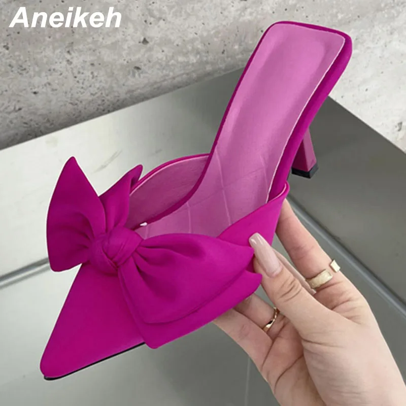 

Aneikeh Women Mules 2022 Fashion Heels Sexy Pointed Toe Butterfly-Knot Decoration Party Dress Pump Slingbacks Slip-On Size 35-41