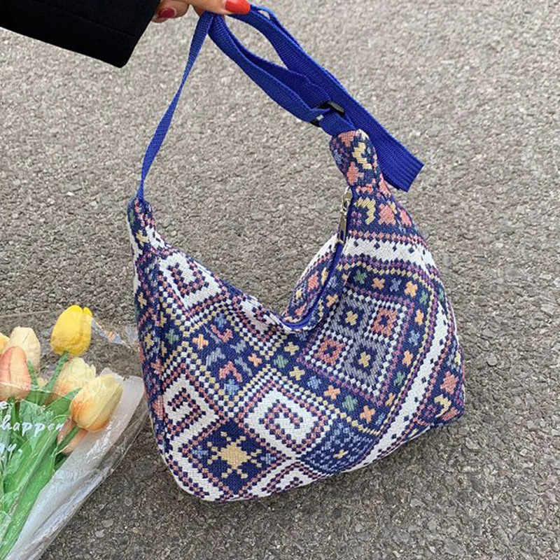 

Повседневная Холщовая Сумка на плечо для женщин, винтажный Хобо с геометрическим узором, вместительная сумка для пельменей, тоут для покупок