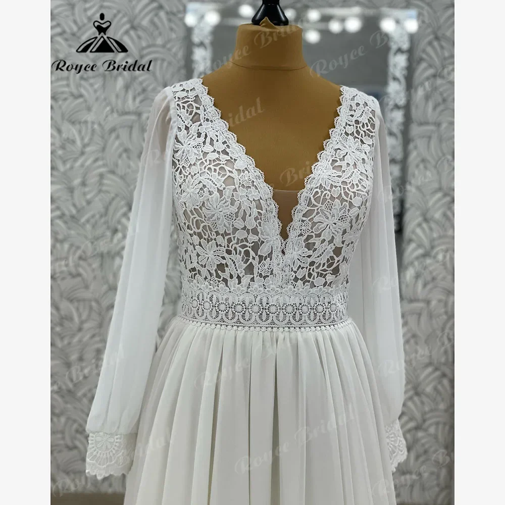 Кружевное шифоновое свадебное платье в стиле бохо с глубоким v-образным вырезом