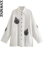 xnwmnz 2022 women fashion leaf beaded linen blend blouse woman vintage long sleeve front button side slit female chic blouse