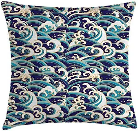 

Traditional Oriental Style Ocean Waves Pattern with Foam and Splashes Print, Decorative Square Accent Pillow Case