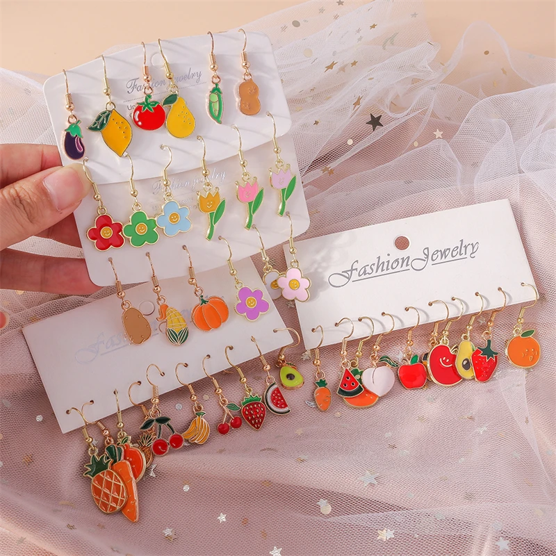 

Cute Fruit Drop Earrings for Women Enamel Cherry Banana Strawberry Grape Dangle Hooks Earrings Girls Party Holiday Jewelry Gifts
