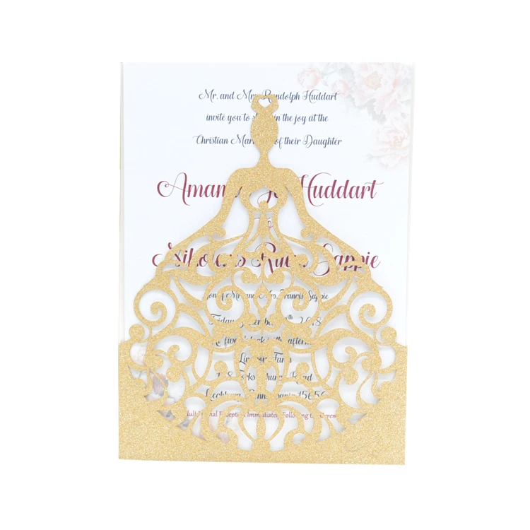 

Sweet 16 Princess Party Laser Cut Dress Quinceanera Pocket Glitter Invitations