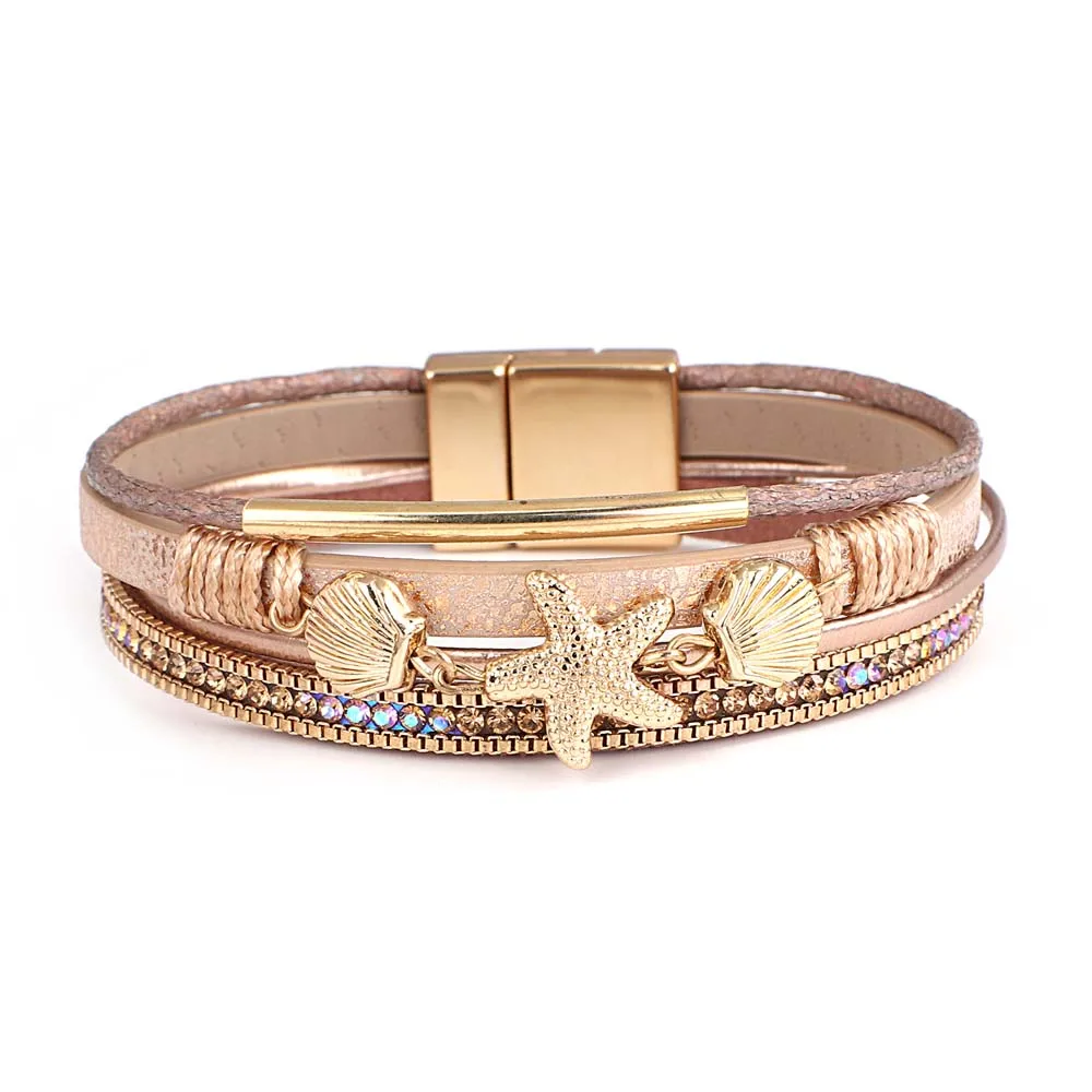 

Amorcome Boho Metal Seashell Starfish Beads Charm Shiny Rhinesotne Leather Wrap Bracelets Vintage Summer Beach Femme Jewelry