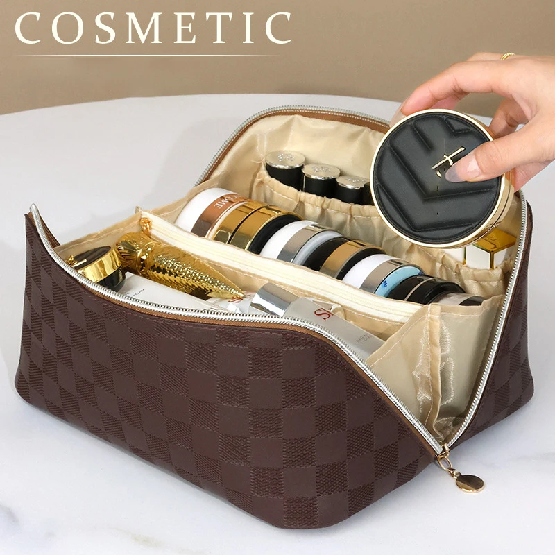 

FUDEAM PU Plaid Women Cosmetic Bag Multifunction Toiletries Storage Organize Waterproof Travel Handbag Female Luxury Makeup Case