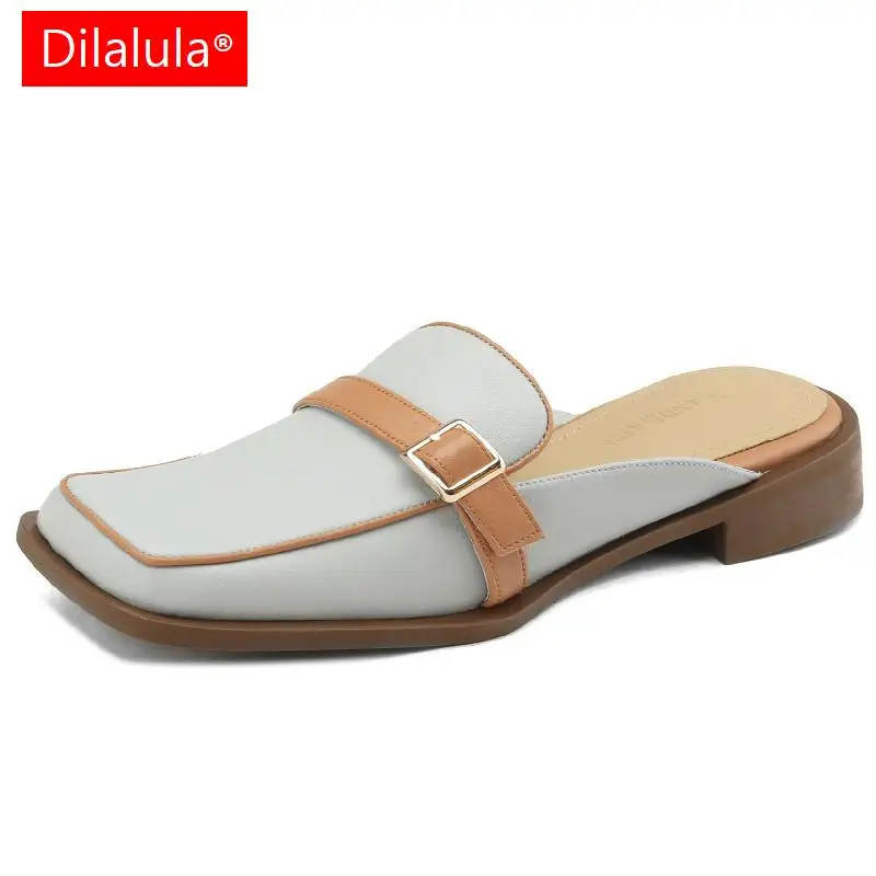 

Dilalula Women Pumps Casual Low Heels Slippers Square Toe Mixed Colors Genuine Leather Mules Shoes Woman Spring Summer Fashion