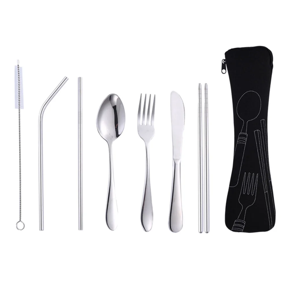 

Set Tableware Dinnerware Kit Spoon Fork Chopsticks Stainless Steel Holder Portable
