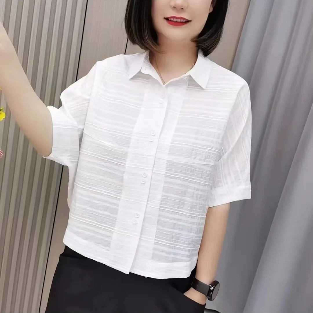 

Women Casual Solid Cotton Linen Shirts Summer Loose Large Size Tops Female V-nekc Batwing Sleeve Cardigan