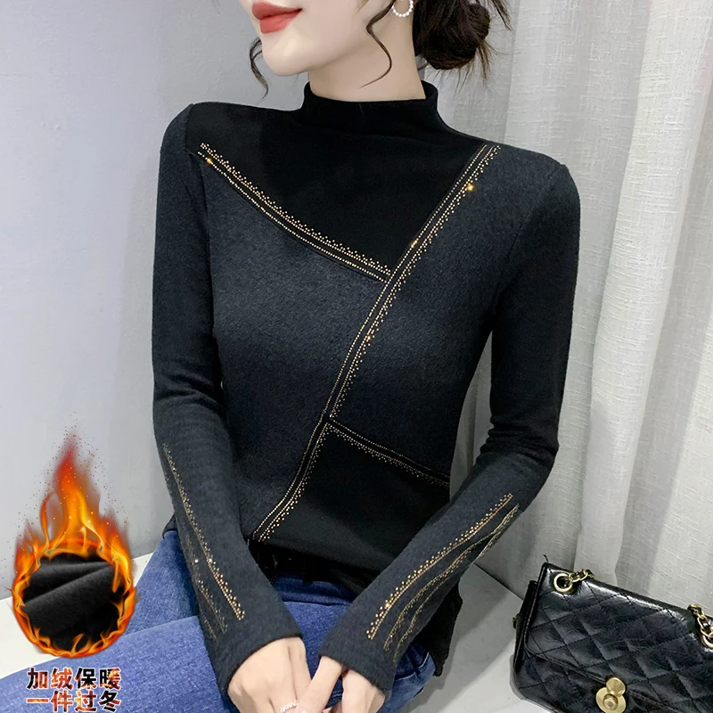 

Autumn Winter New European Clothes Diamonds Tshirts Women Stand Neck Color-Block Thicken Tops Long Sleeve Tees