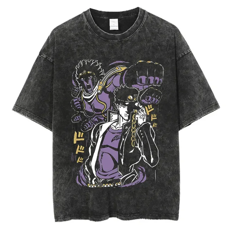 Винтажная стираная футболка мужская летняя уличная в стиле хип-хоп JoJo Bizarre Adventure