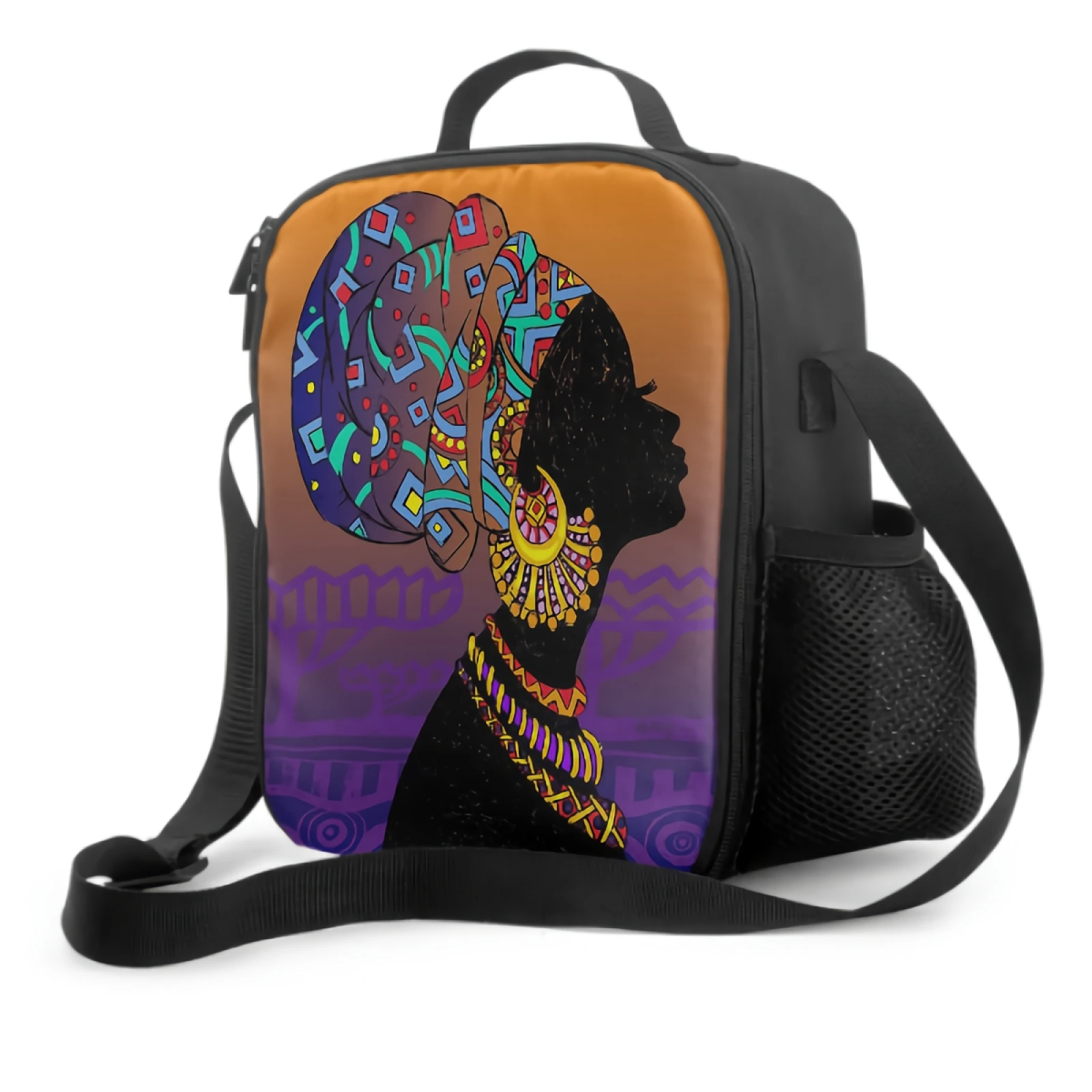 

African American Women Insulated Lunch Bag for School Office Picnic African Folk Cutural Pattern Lunch Box Containers Cooler Bag