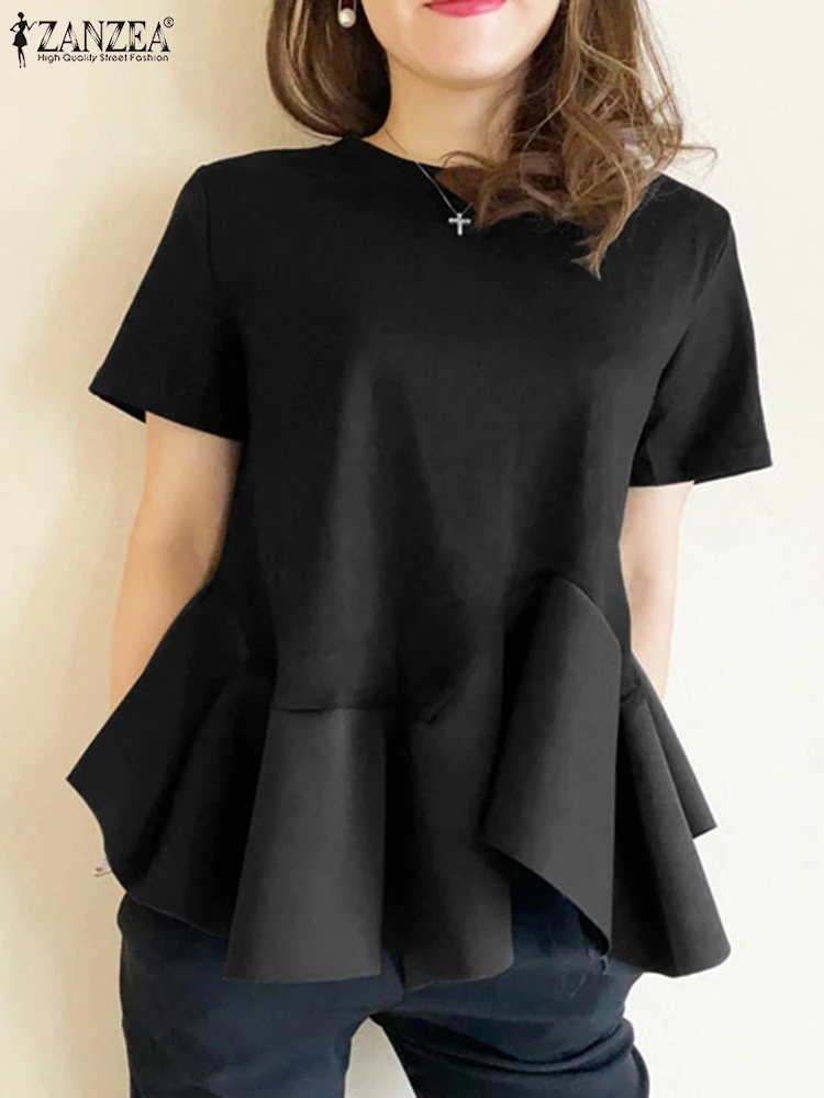 

ZANZEA Oversized Women Blouses 2023 Summer Short Sleeve O Neck Ruffle Patchwork Tops Casual Loose Solid Color Blusas Femininas