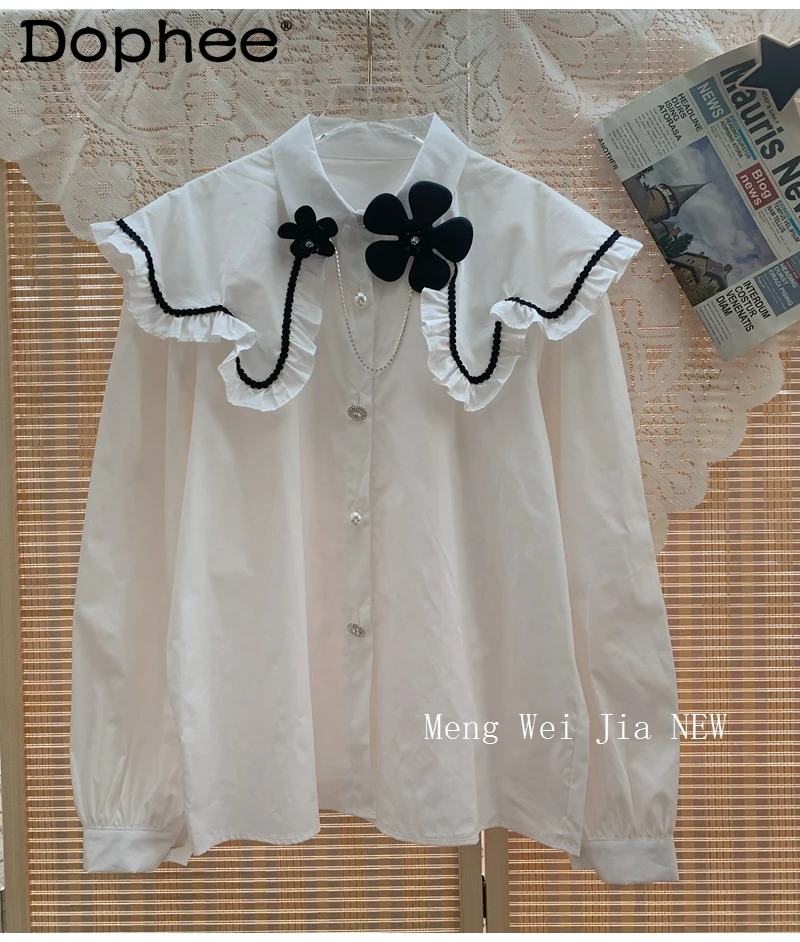 

2022 Spring New Sweet 3D Flower Design Doll Collar Single-Breasted Shirt Women Girl Loose Casual White Blouse Top Student Blusas