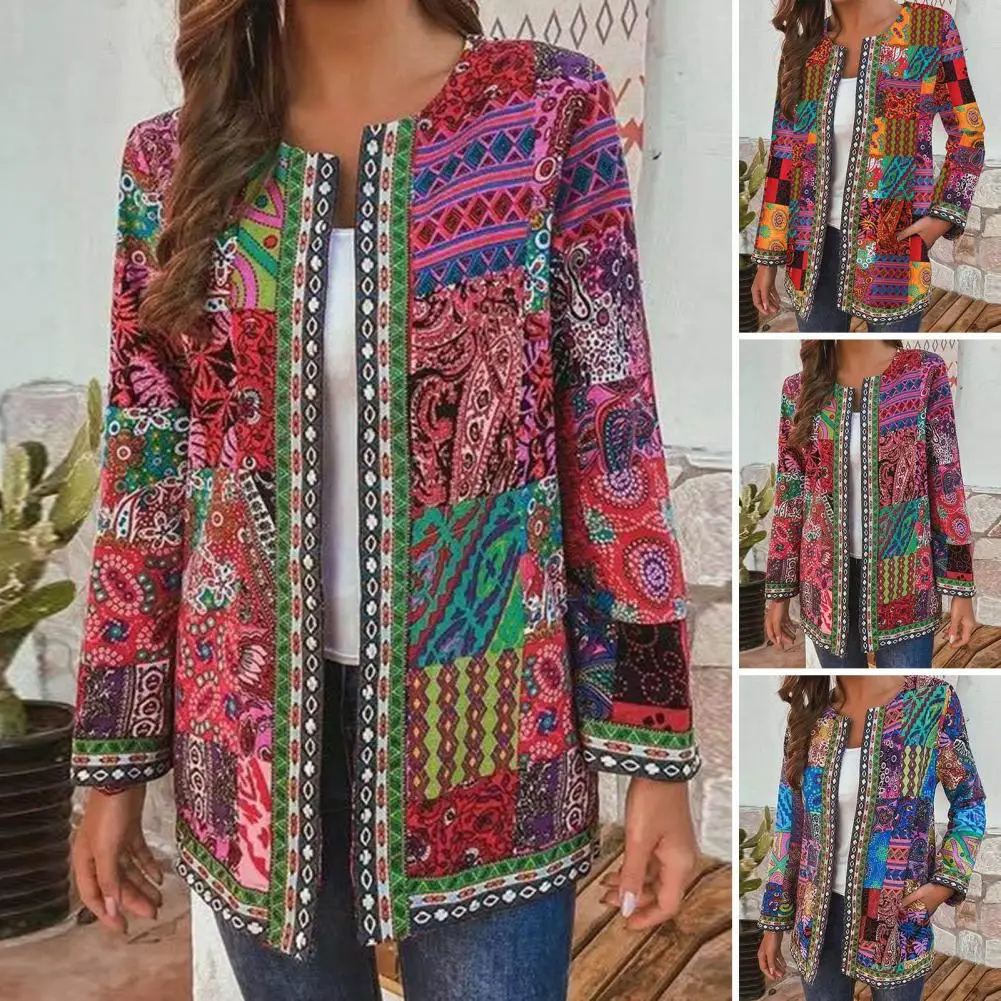 

O-neck Long Sleeve Open Stitch Pockets Cardigan Coat Women Autumn Ethnic Style Retro Print Outerwear Y2K Spring Vintage Style