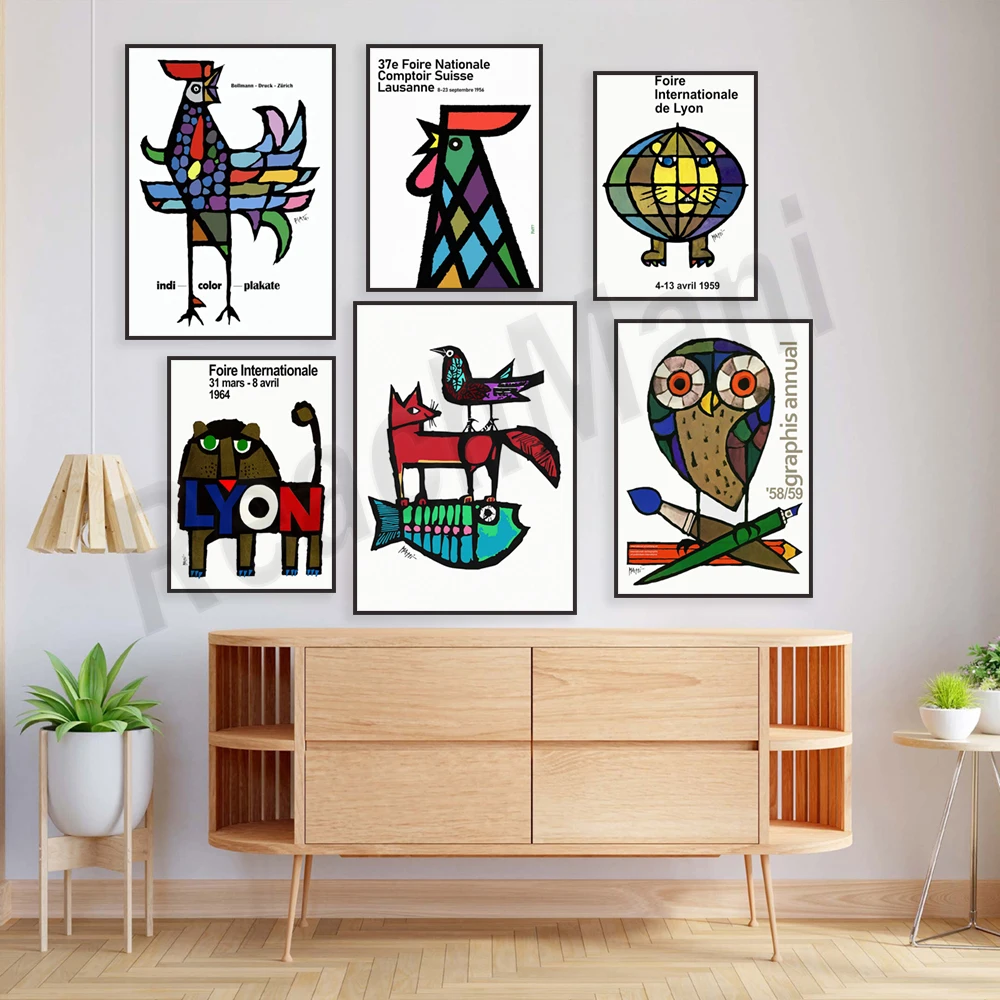 Плакат с изображением совы Льва павлина петуха яркого цвета льва