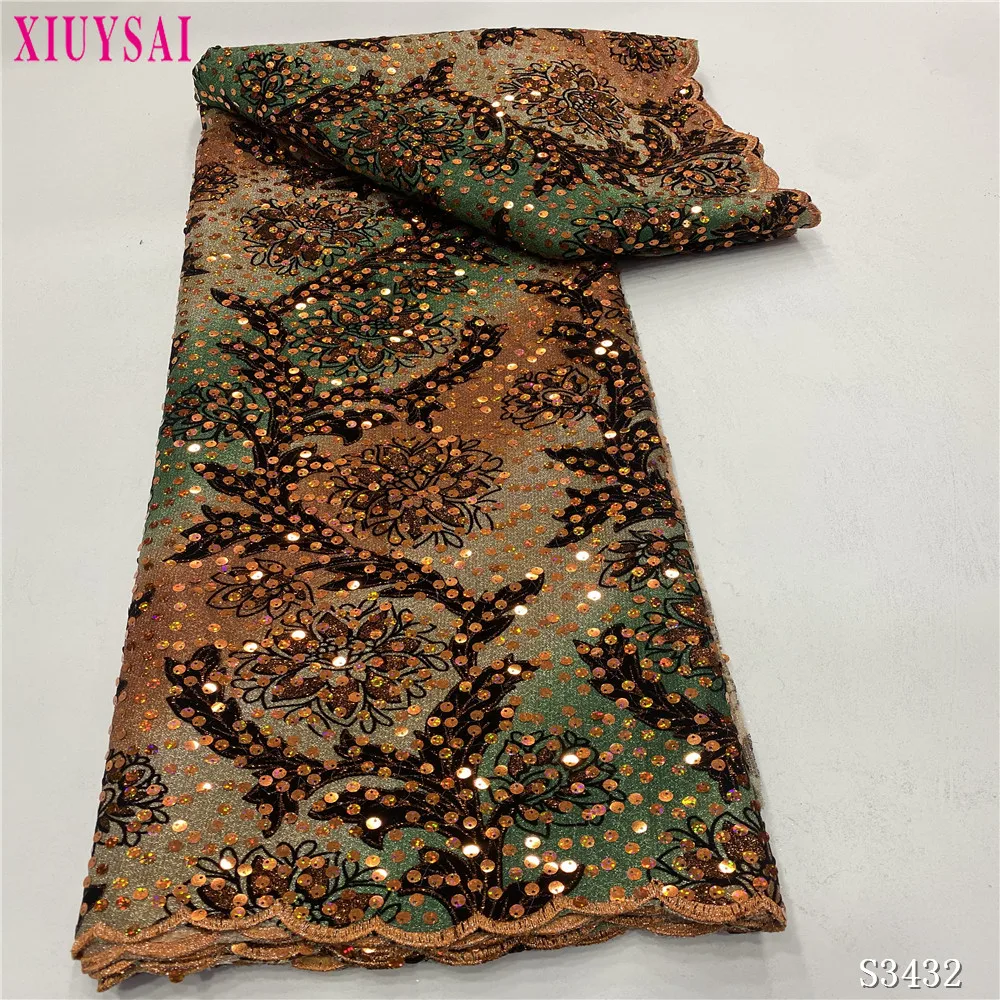 

Brown Nigerian Velvet Lace Fabric African Lace Fabric 2022 High Quality Velvet Lace Fabric With Sequins Lace For Wedding Dress