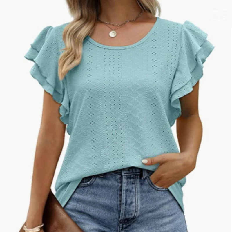 

Повседневная рубашка с круглым вырезом, милая свободная одежда, Летняя ажурная белая блузка, элегантные двухслойные Модные топы с оборками и коротким рукавом, 24715
