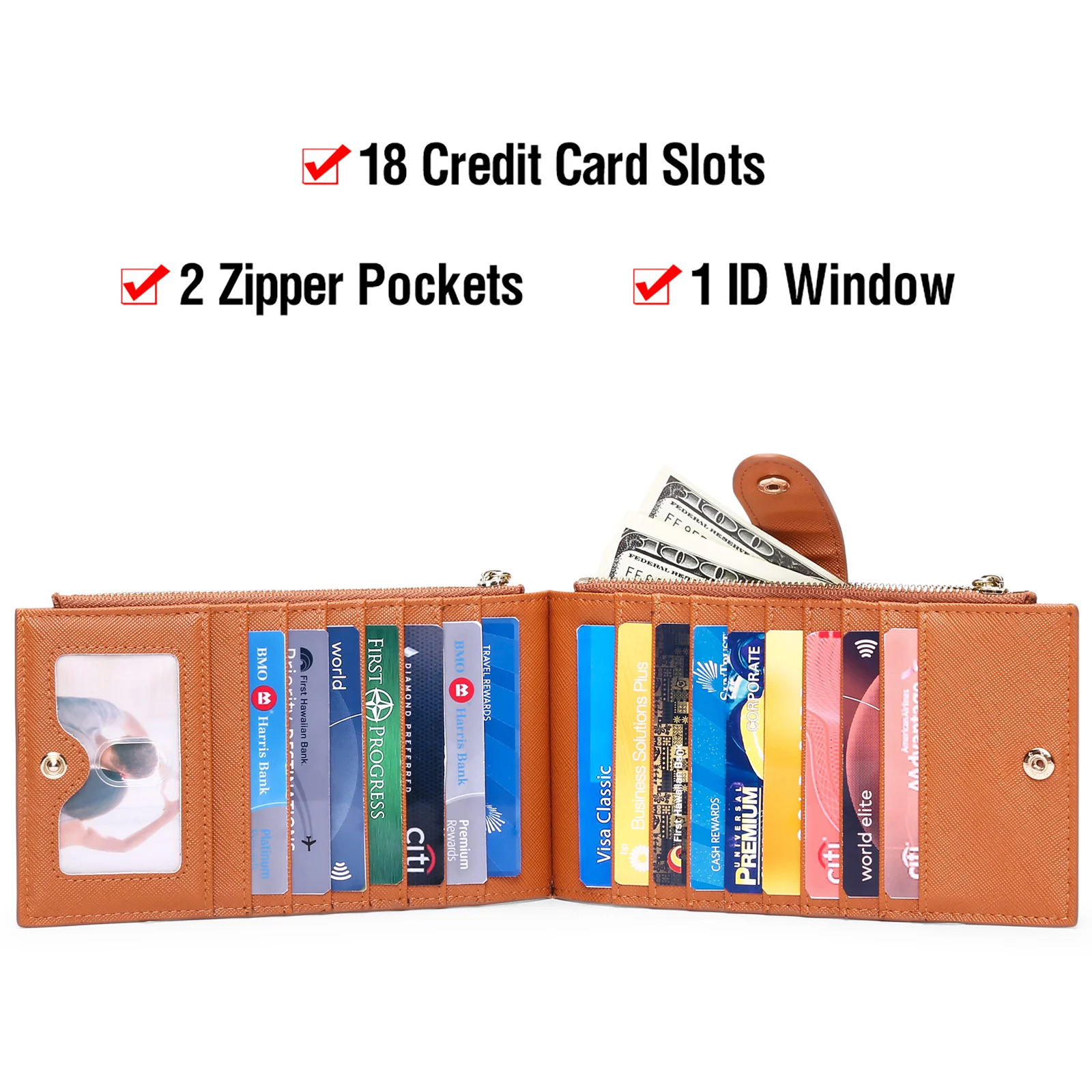 Genuine Leather Women Long Wallet Genuine Leather Coin Purse Solid Card Holder Accordion Card Slots Double Zipper Pocket