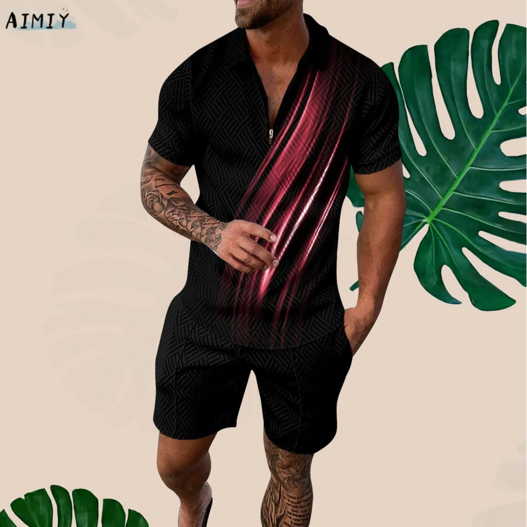 Men's Casual Polo Suit Luxury Printed Lapel Zipper Short Sleeve POLO Shirt + Drawstring Shorts 2-Piece Summer Fashion Party Wear