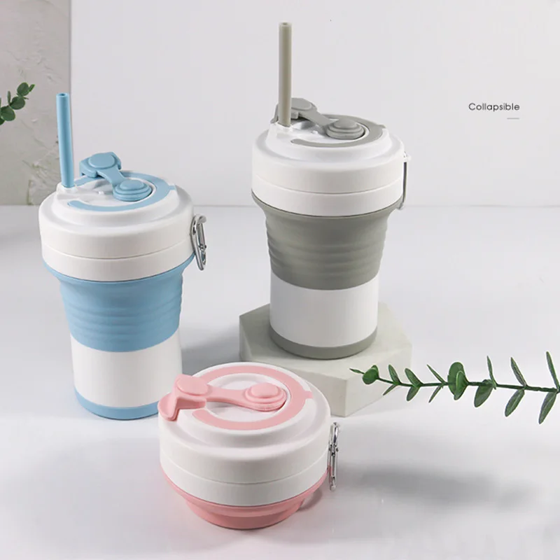

550Ml Food Grade Silicone Collapsible Coffee Cup with Straw Bpa Free Portable Outdoors Camping Hiking Foldable Water Bottle