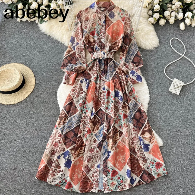 

Spring Chiffon Print Maxi Dress Female Temperament A-line Streetwear Long Dresses Long Sleeve Casual Holiday Dress