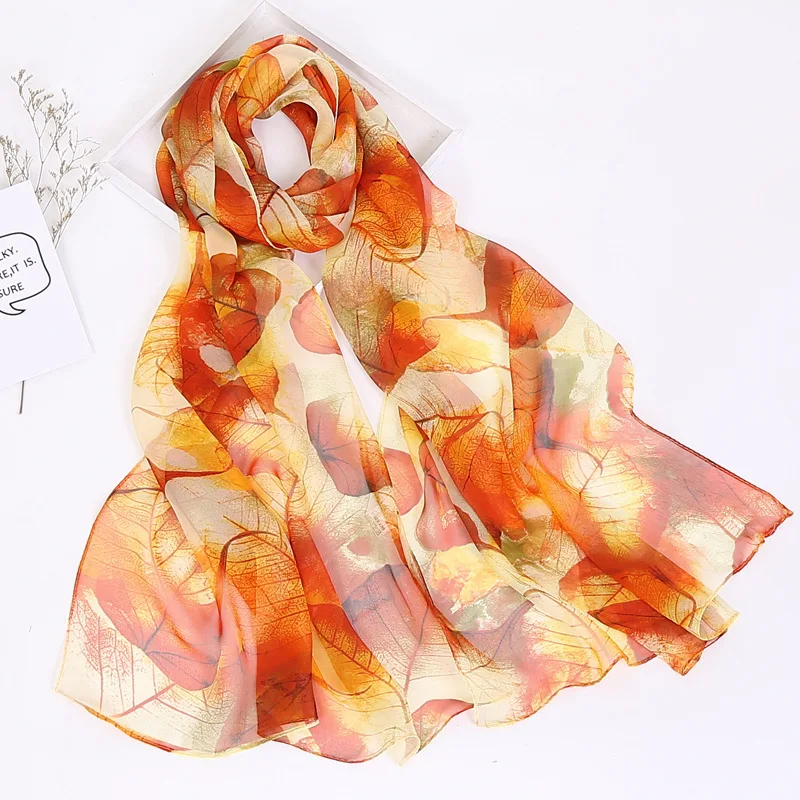 

160*50cm Harajuku Chiffon Georgette Silk Scarf Tree leaf Print Muslim Hijabs Bandana Women Scarves Beach Holiday Sunscreen Shawl
