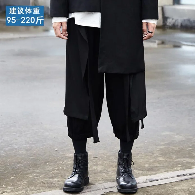 Men's ninth pants women's leggings trousers layered original design casual wide legs dark black calça masculina streetwear