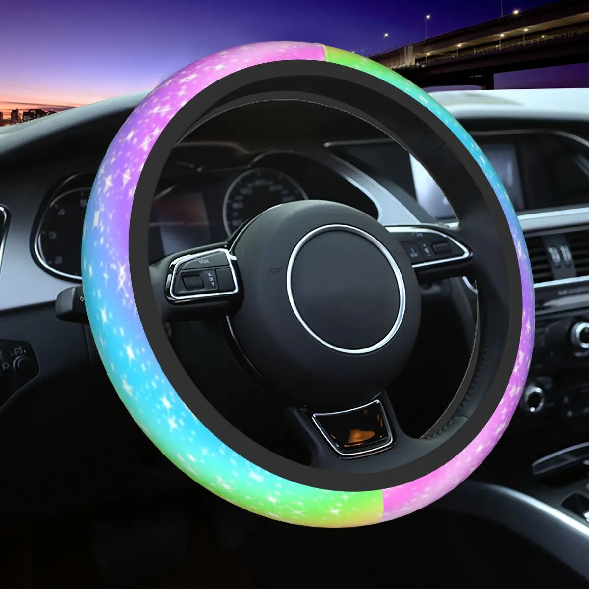 

Rainbow Colorful Car Steering Wheel Cover 37-38 Elastic Vertical Lines Pattern Steering Wheel Protective Cover Car Accessories