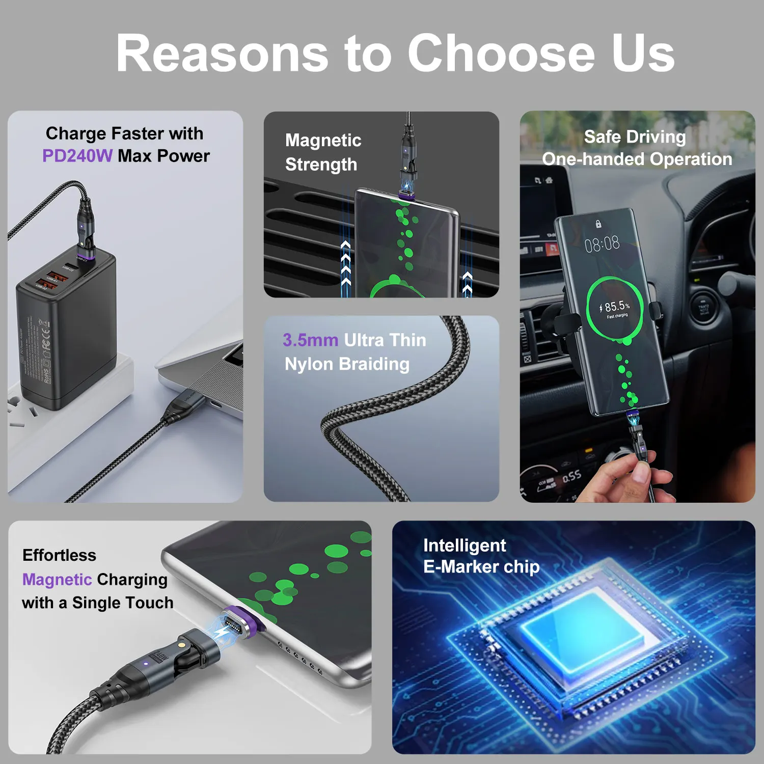 Фото Магнитный зарядный кабель PD3.1 240 Вт с Micro USB на USB C, зарядный кабель Type-C для Xiaomi, Samsung, S23, Huawei, шнур для передачи данных для iphone 15 №3