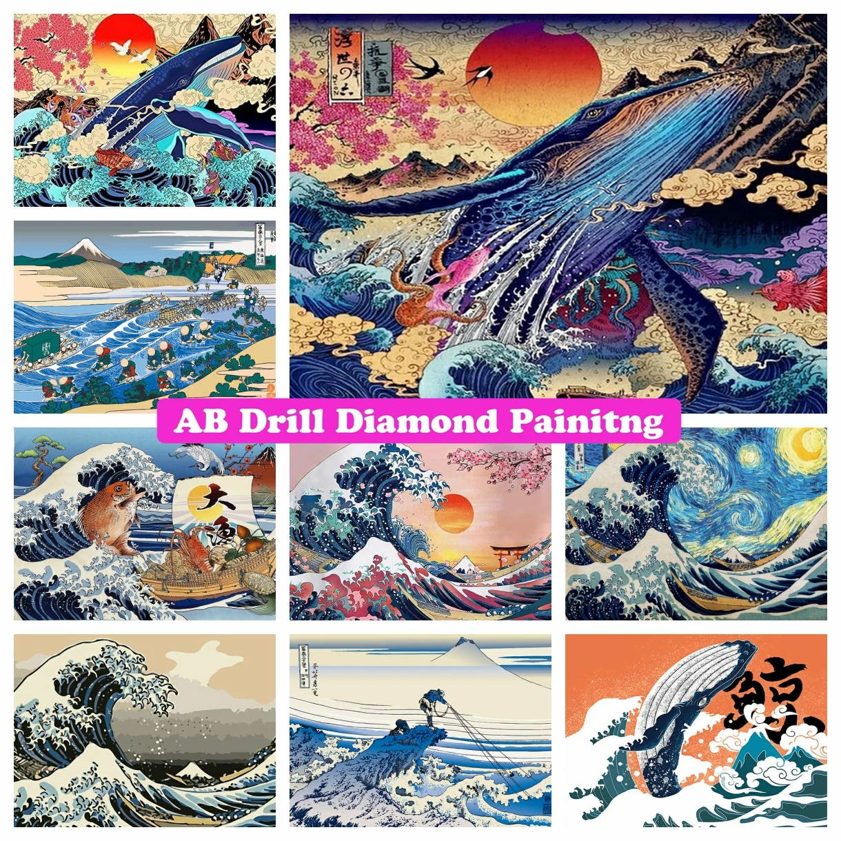 

Japan Ukiyo Scenery 5D DIY AB Drills Diamond Painting Ocean Great Wave Whale Embroidery Cross Stitch Mosaic Pictures Home Decor