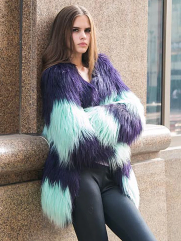 Fashion Patchwork Long Faux Fox Fur Coat Women 2022 Winter Elegant Warm Thick Ladies Outwear High Street Casual Coats