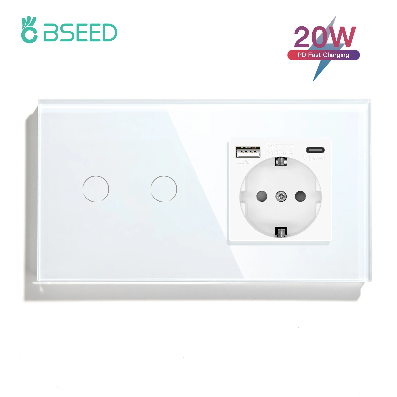 

BSEED Wall Touch Sensor Switch 1/2/3Gang 1Way Plus Type-C USB 20W Fast Charging Socket EU Standard Glass Panel Blue Backlight