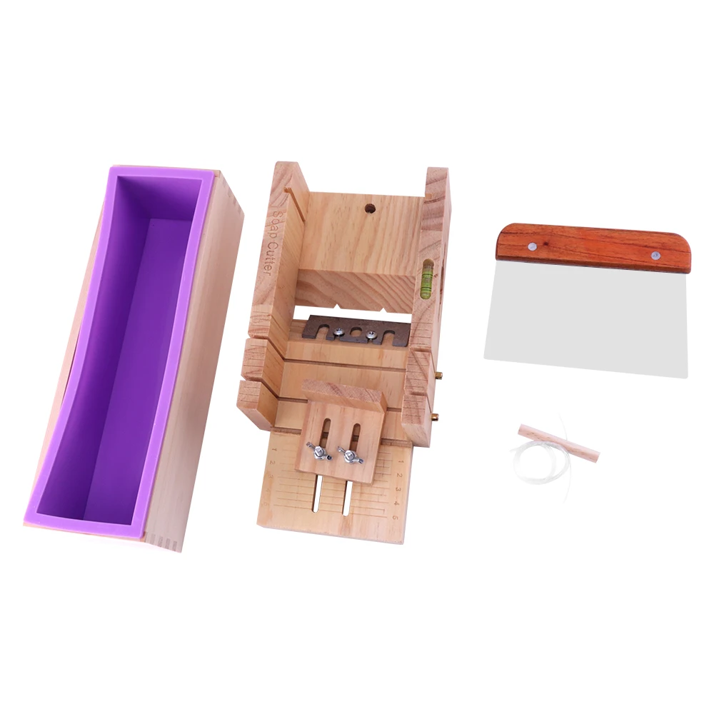 

4pcs Soap Making Kit Set Silicone Flexible Loaf Mould with Wooden Cutting Box and Stainless Steel Cutters