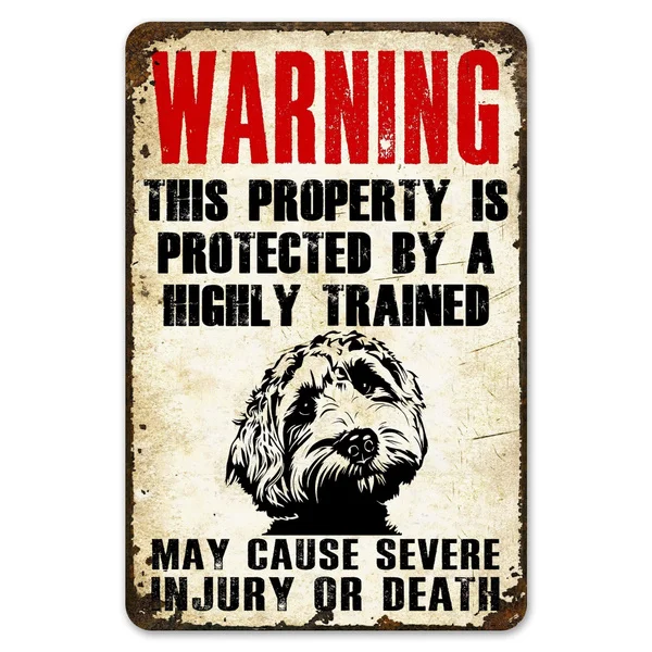 

Warning This Property Is Protect By Labradoodle Dog Tin Sign Vintage Farm Decor Art Pet Lover Tin Metal Sign