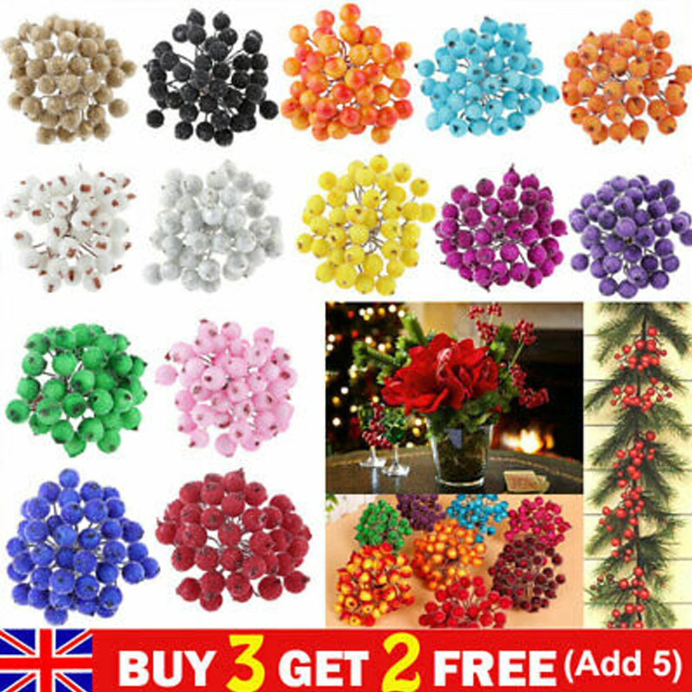 

40pcs Mini Frosted Artificial Berry Vivid Holly Berries Home Wedding Decoration Artificial Flowers Double Heads DIY Accessories