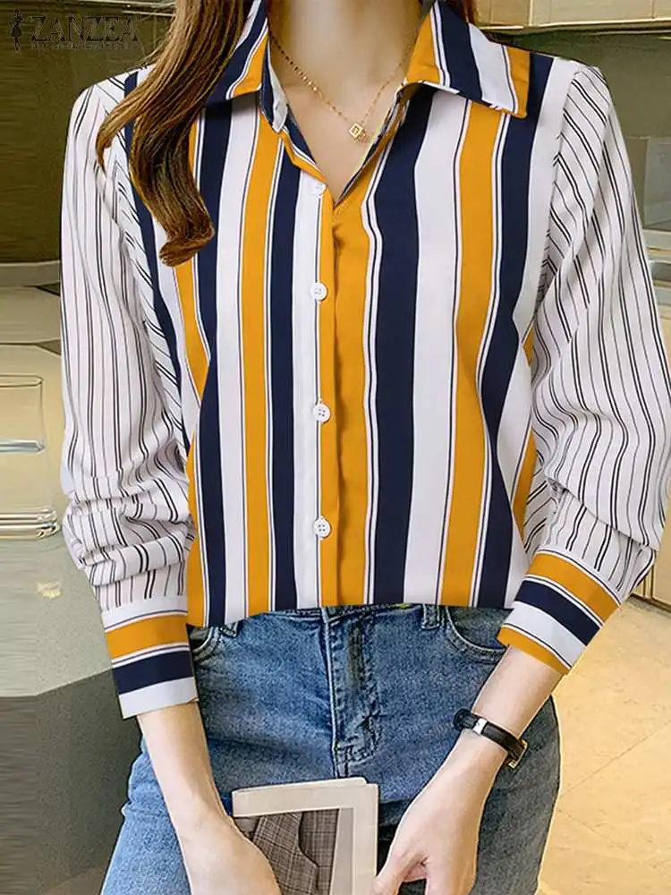 

Рубашка ZANZEA в Корейском стиле с лацканами, Офисная Женская Повседневная сорочка на пуговицах, деловые блузки в полоску с длинным рукавом, с цветными вставками