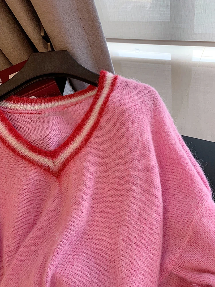 Розовый свитер пуловер для офиса осень-зима серый простой эластичный плюшевый